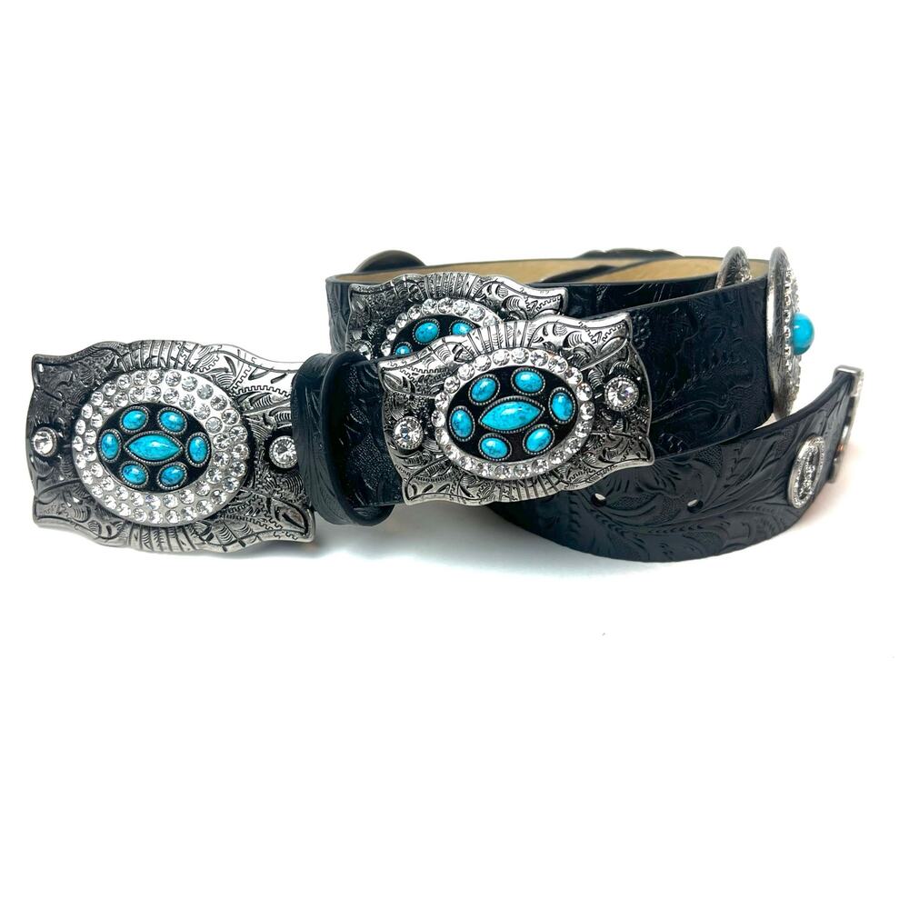 Christine Alexander Black Embossed Leather Western Belt Turquoise Rhinestone